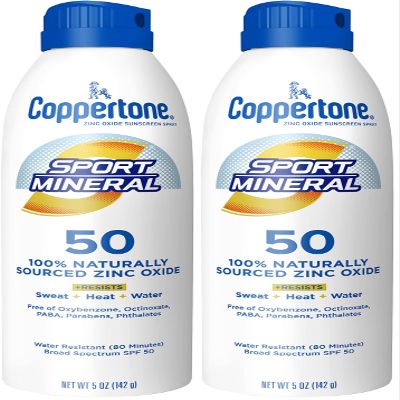 Coppertone SPORT Sunscreen Spray SPF 50, Zinc Oxide Mineral Sunscreen, Water Resistant, 5 Oz (Pack of 2)