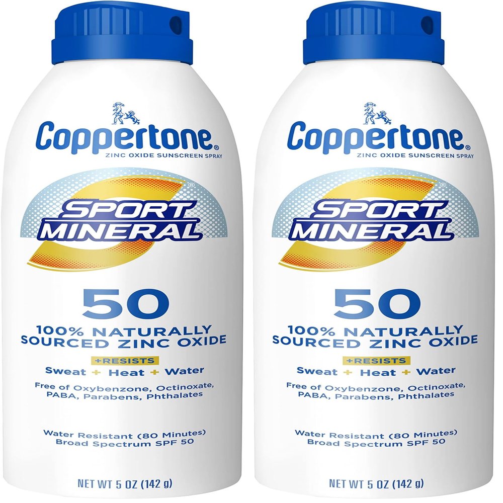 Coppertone SPORT Sunscreen Spray SPF 50, Zinc Oxide Mineral Sunscreen, Water Resistant, 5 Oz (Pack of 2)