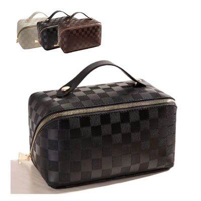 RSLEE Large Water-Resistant Stylish Checker Pattern Cosmetic Travel Bag, PU Leather Women Portable Travel Makeup Bag (Black)