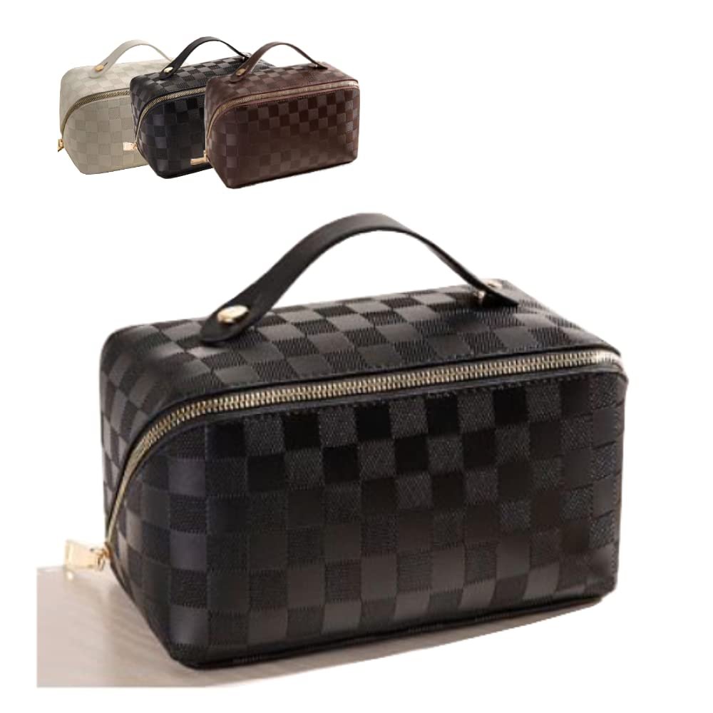 RSLEE Large Water-Resistant Stylish Checker Pattern Cosmetic Travel Bag, PU Leather Women Portable Travel Makeup Bag (Black)
