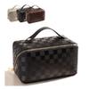 RSLEE Large Water-Resistant Stylish Checker Pattern Cosmetic Travel Bag, PU Leather Women Portable Travel Makeup Bag (Black) view 1