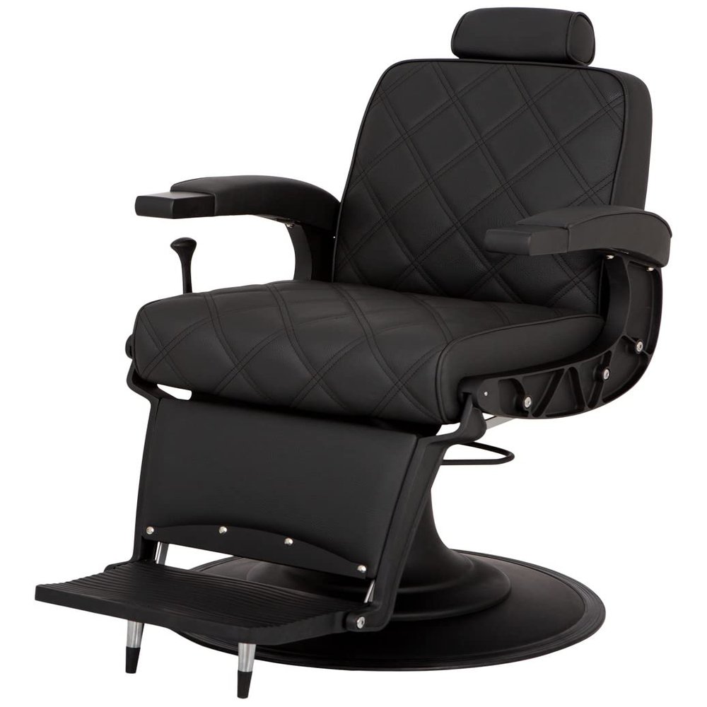 Buy-Rite Black Diamond Heavy-Duty Professional Barber Chair, Matte Black Frame, Double Diamond Stitching, Extra-Wide Seat, Removable Headrest, Oversized Base, YLG-8776-5B