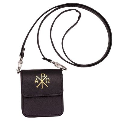 Black Calf Grained Genuine Leather Pyx Case | Red Velveteen Lining | Removable Strap | Christian Eucharistic Ministry Accessory | Great Catholic Gift for Ordination