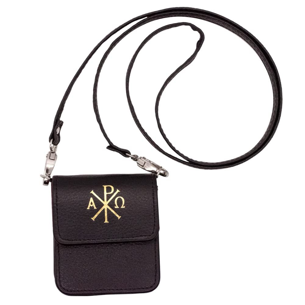 Black Calf Grained Genuine Leather Pyx Case | Red Velveteen Lining | Removable Strap | Christian Eucharistic Ministry Accessory | Great Catholic Gift for Ordination