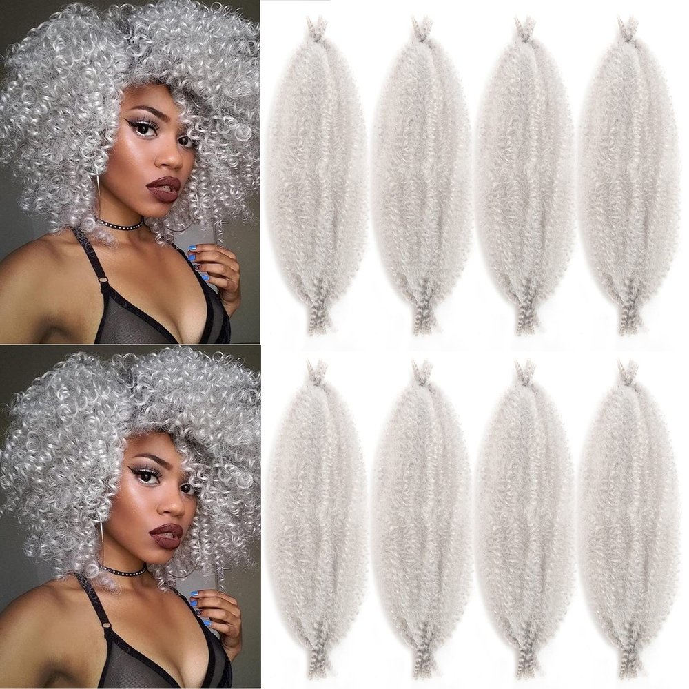 12 Inch Springy Afro Twist Hair 8 Packs Marley Twist Braiding Hair Pre-fluffed Spring Twist Hair Kinky Hair Afro Twist Hair Marley Hair for Faux Locs (12 Inch (Pack of 8), Silver# Marley Twist)