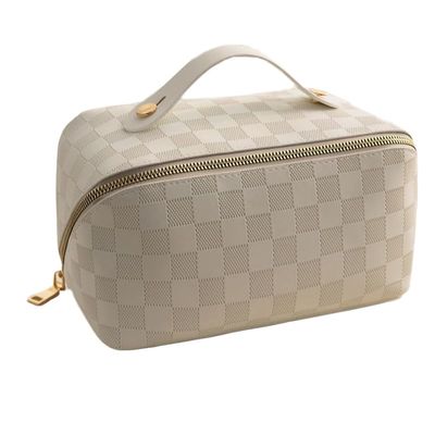 Weston Ink Large Capacity Travel Cosmetic Bag - PU Leather Waterproof Plaid Checkered Makeup Bag Women Portable Travel Skincare Bag with Handle and Divider Flat Lay Organizer Bag (White)