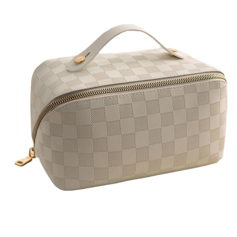 Weston Ink Large Capacity Travel Cosmetic Bag - PU Leather Waterproof Plaid Checkered Makeup Bag Women Portable Travel Skincare Bag with Handle and Divider Flat Lay Organizer Bag (White)