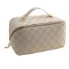 Weston Ink Large Capacity Travel Cosmetic Bag - PU Leather Waterproof Plaid Checkered Makeup Bag Women Portable Travel Skincare Bag with Handle and Divider Flat Lay Organizer Bag (White) view 1
