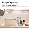 Weston Ink Large Capacity Travel Cosmetic Bag - PU Leather Waterproof Plaid Checkered Makeup Bag Women Portable Travel Skincare Bag with Handle and Divider Flat Lay Organizer Bag (White) view 3