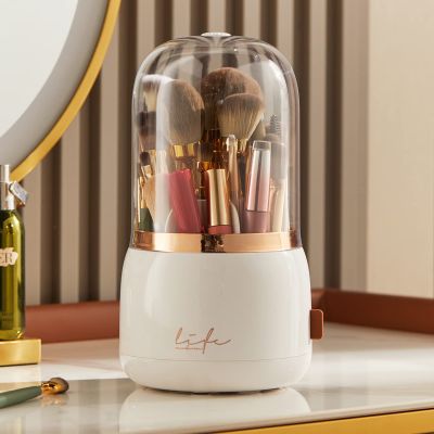 LtyTz Makeup Brush Holder Organizer with Lid, Rotating Dustproof Make Up Brushes Organizer with Clear Acrylic Cover for Vanity Desktop Bathroom Countertop (white)