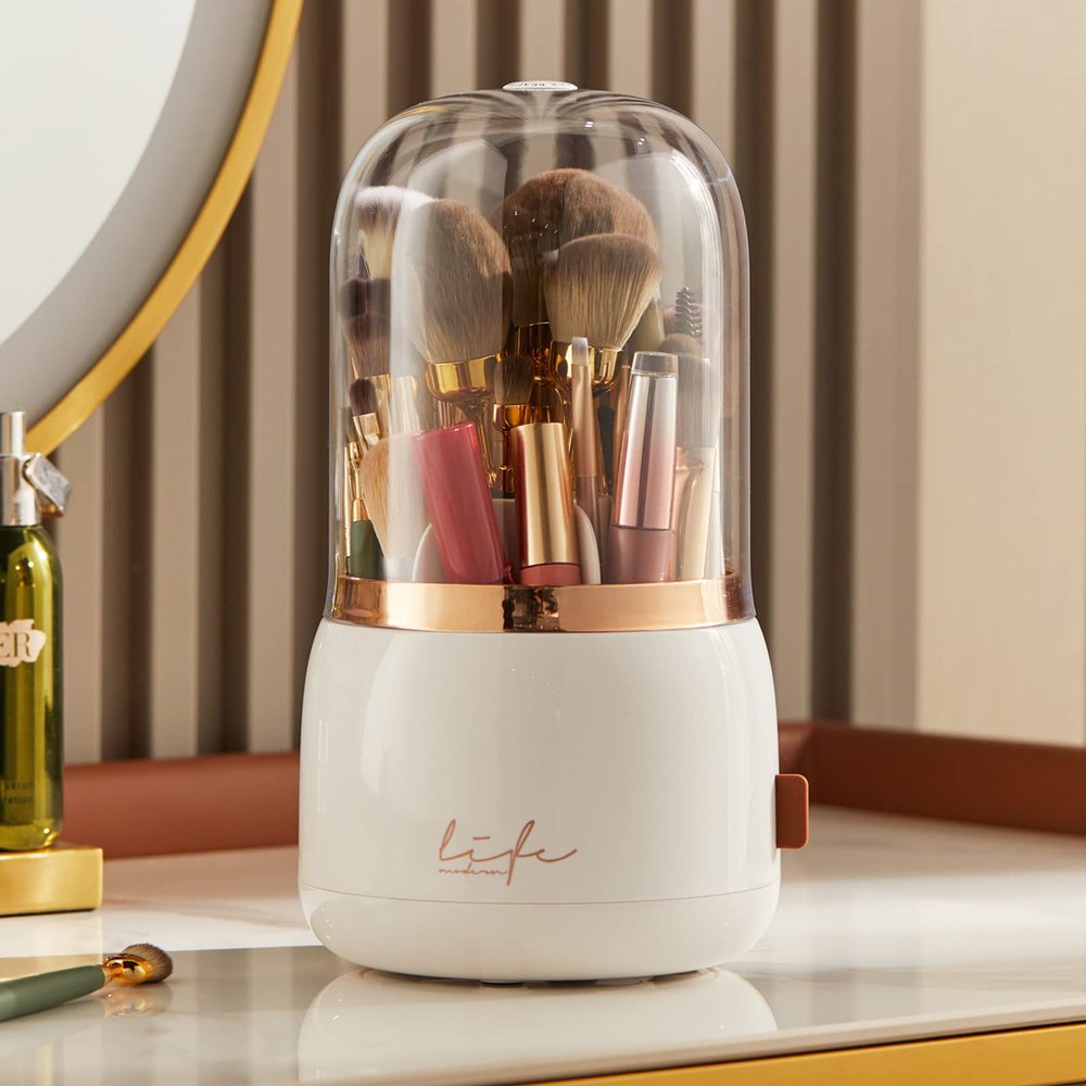 LtyTz Makeup Brush Holder Organizer with Lid, Rotating Dustproof Make Up Brushes Organizer with Clear Acrylic Cover for Vanity Desktop Bathroom Countertop (white)