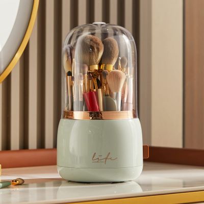 LtyTz Makeup Brush Holder Organizer with Lid, Rotating Dustproof Make Up Brushes Organizer with Clear Acrylic Cover for Vanity Desktop Bathroom Countertop (Light green)