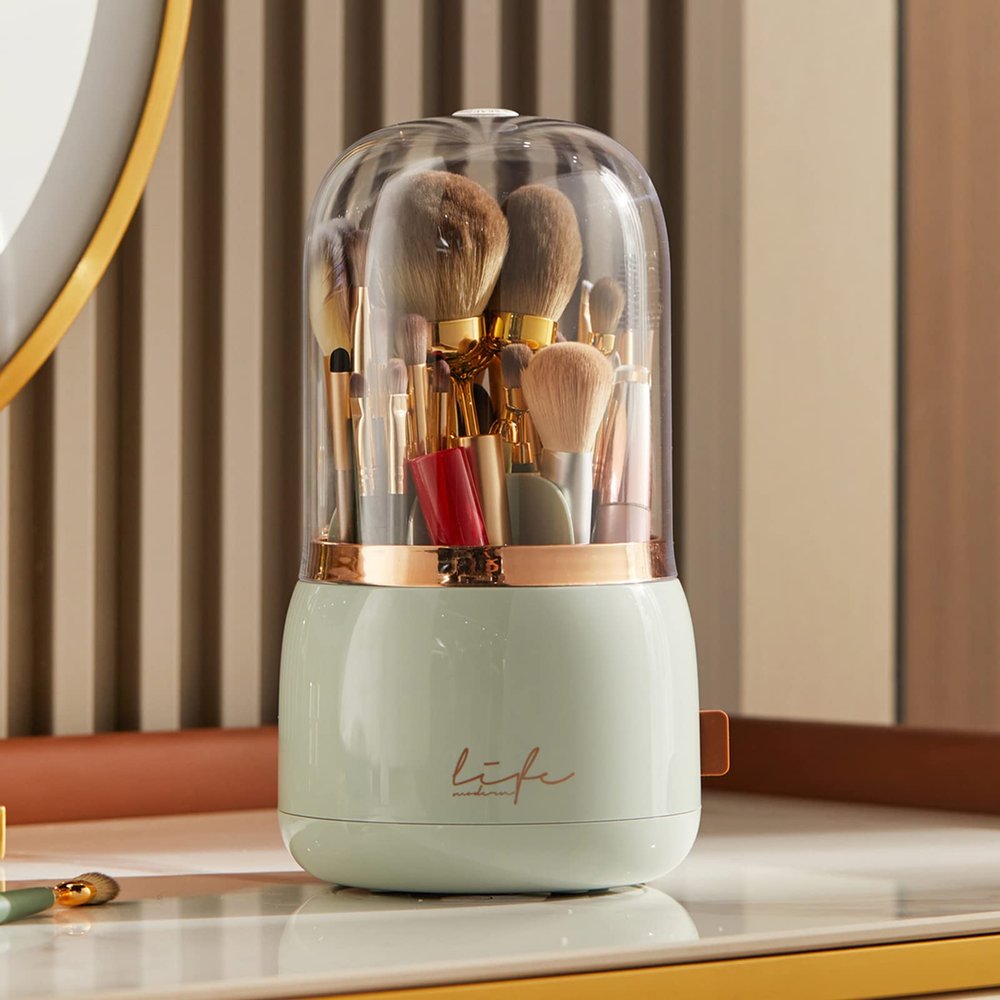 LtyTz Makeup Brush Holder Organizer with Lid, Rotating Dustproof Make Up Brushes Organizer with Clear Acrylic Cover for Vanity Desktop Bathroom Countertop (Light green)
