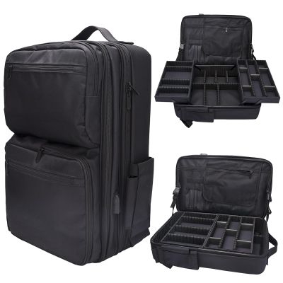 CGBARBER Large Makeup Backpack, Professional Barber Travel Backpack Sliding Trays with Adjustable Dividers Cosmetic Storage Organizer (Black)