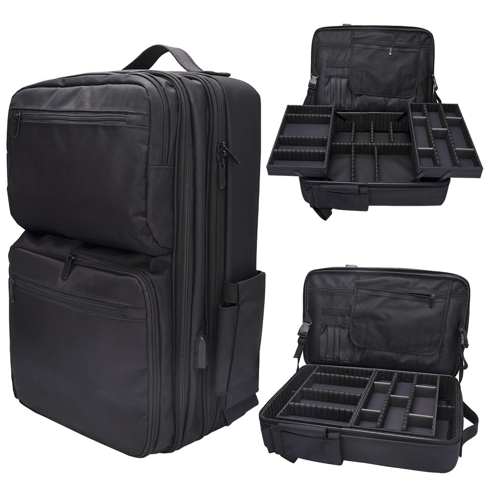 CGBARBER Large Makeup Backpack, Professional Barber Travel Backpack Sliding Trays with Adjustable Dividers Cosmetic Storage Organizer (Black)