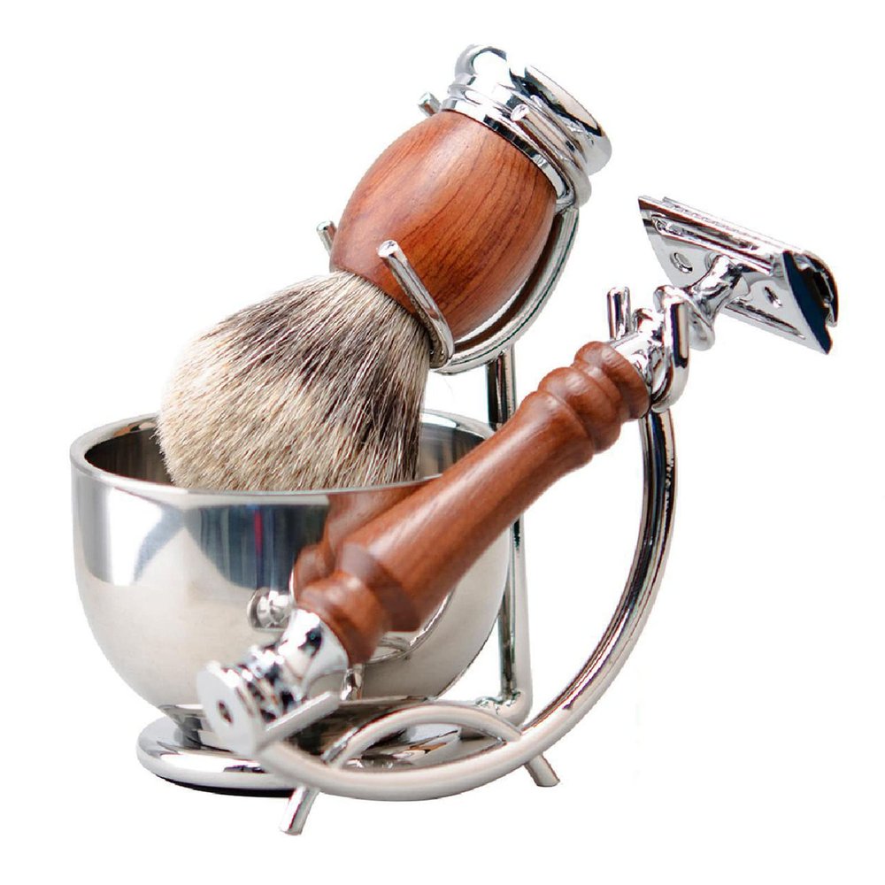 Men's Manual Razor Set,Luxury Wet Shaving and Grooming Kit,Pure Badger Hair Shaving Brush Handmade,Safety Razor with Rosewood Handle,Large Shaving Soap Bowl,Shaving Hold Stand,Perfect for Everyday Use