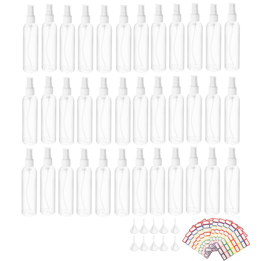 KEJJNYER 36 Pack 4oz Plastic Spray Bottles Bulk, Clear Mini Spray Bottles Reusable with 10 Funnel, 10 Labels