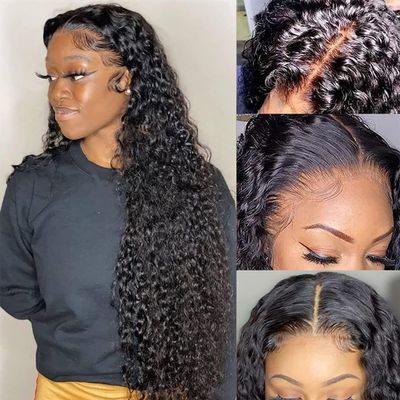 13x4 Deep Wave Lace Front Wigs for Black Women 34 Inch Deep Curly Frontal Wigs Human Hair 180% Density HD Transparent Lace Curly Frontal Wigs Human Hair Pre Plucked with Baby Hair Natural Color