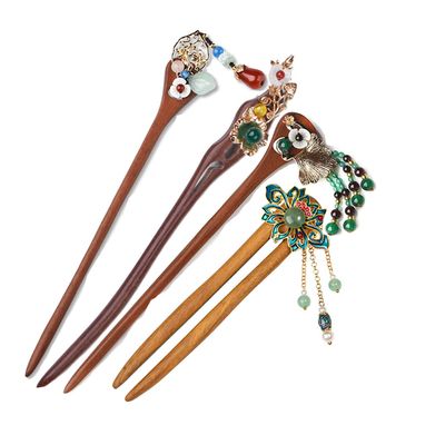 Handmade Long Wood Hair Sticks Chopsticks Hairpin with Gemstone for Women Curly or Straight Thick Hair Fashion Hair Accessory (4pcs Set)
