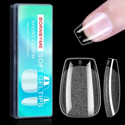 Short Coffin Soft Gel Nail Tips, BORNBYME 240 PCS Pre Buff Full Cover Shaped Nail Extenison Tips Half Matte Gel X Nail Tips Acrylic False Nail Tips
