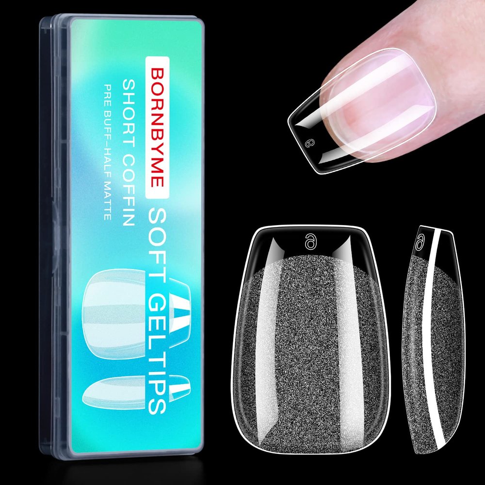 Short Coffin Soft Gel Nail Tips, BORNBYME 240 PCS Pre Buff Full Cover Shaped Nail Extenison Tips Half Matte Gel X Nail Tips Acrylic False Nail Tips