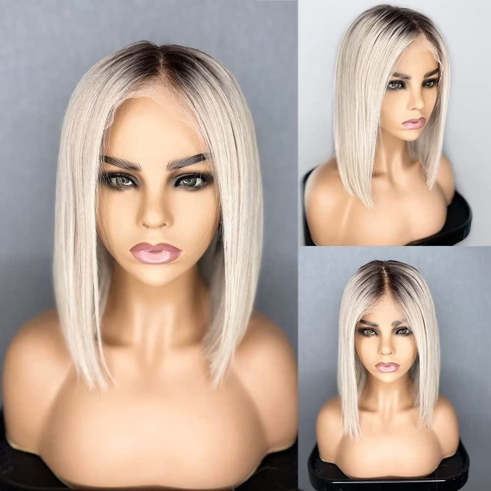 1B613 Ombre Short Bob Wig Straight Lace Front Human Hair Wigs For Women Middle Part Pre Plucked 13x6 HD Transparent Lace Natural Hairline Glueless Brazilian Remy Hair Bleached Knots 150% Density 14Inch