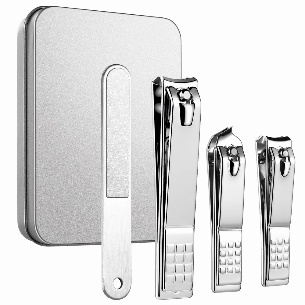 4PCS Professional Nail Clippers Set, Toenail Clippers & Fingernails & Nail File, Silver Nail Cutter, Sharpest Thick Toenail & Ingrown Nail Clipper Set, Best Travel or Home use for Men and Women