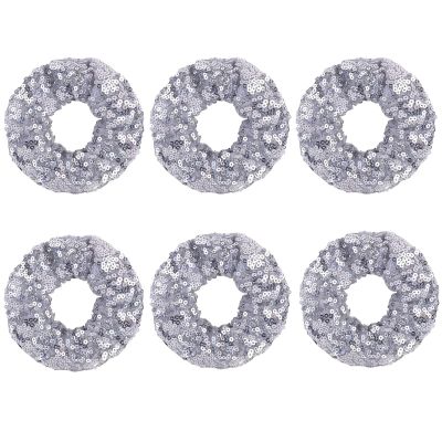 6 Pcs Sparkle Sequin Hair Scrunchie Hair Bobbles Metallic Elastics Ponytail Holders Hair Wrist Ties Bands Cloth Scrunchies for Show Gym Dance Party Club Girl Women (Silver)