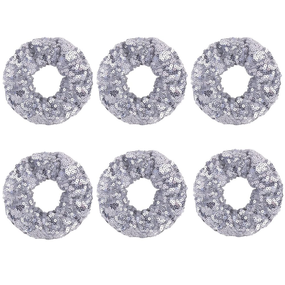 6 Pcs Sparkle Sequin Hair Scrunchie Hair Bobbles Metallic Elastics Ponytail Holders Hair Wrist Ties Bands Cloth Scrunchies for Show Gym Dance Party Club Girl Women (Silver)