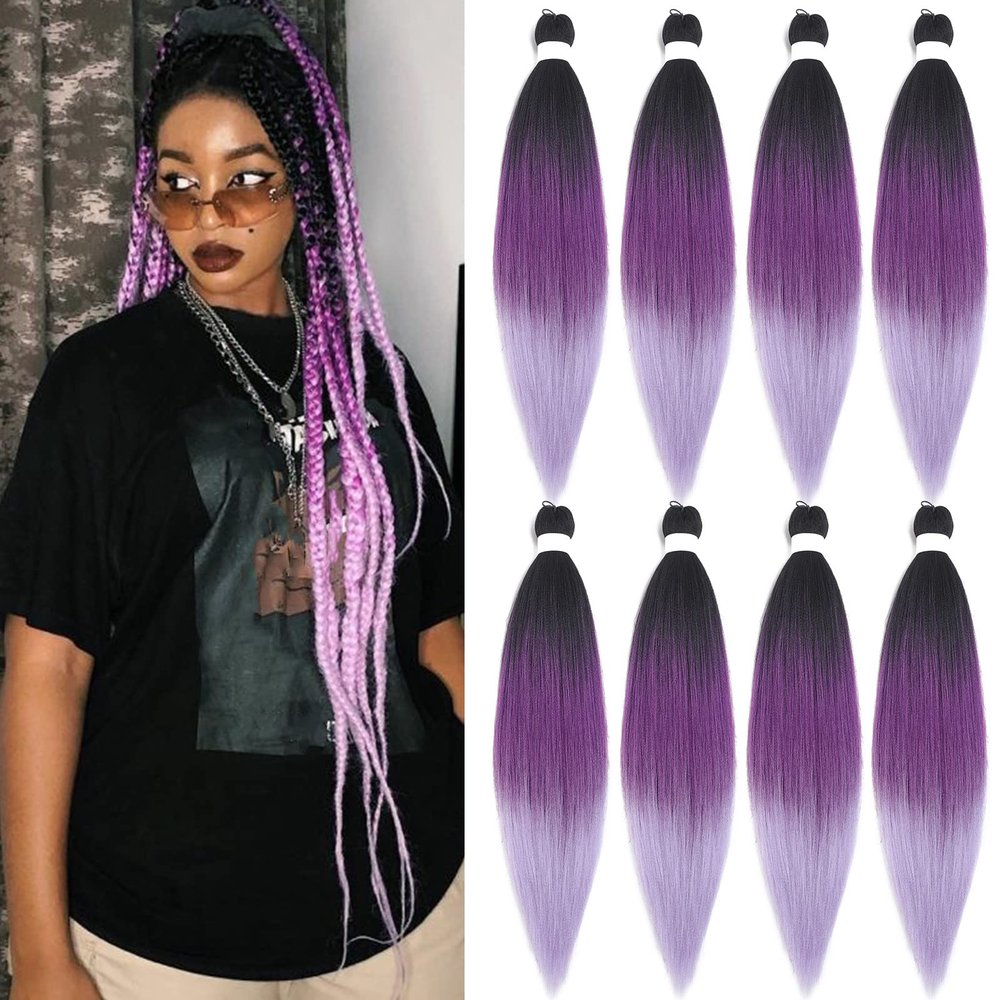 1B Purple Ombre Braiding Hair Pre Stretched Prestretched Braiding Hair Ombre Hair for Braiding 26 inch 8 Packs Itch Free Synthetic Long Crochet Twist Box Braids Yaki Texture Braiding Hair Extensions