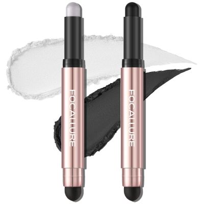 FOCALLURE 2PCS No Crease Eyeshadow Stick,Shimmer and Matte Cream Eyeshadow Pencil Crayon,Long Lasting Waterproof Eye Brightener Stick With Blending Brush,Glistening Midnight