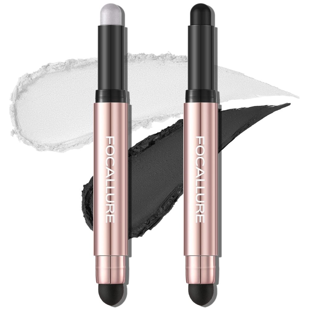 FOCALLURE 2PCS No Crease Eyeshadow Stick,Shimmer and Matte Cream Eyeshadow Pencil Crayon,Long Lasting Waterproof Eye Brightener Stick With Blending Brush,Glistening Midnight