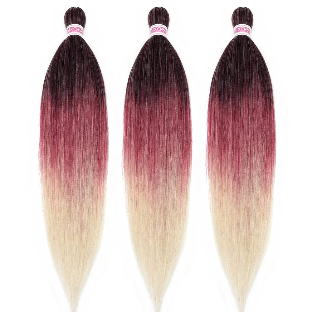 1B Burgundy Blonde Ombre Braiding Hair Pre Stretched 26 inch 3 Packs Pre Stretched Braiding Hair Ombre Synthetic Hair for Braiding Itch Free Crochet Box Braids Yaki Micro Braiding Hair Extensions
