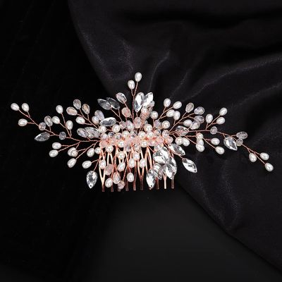 Teyglen Crystal Bridal Hair Comb Wedding Pearls Rhinestones Hair Pieces for Bride Bridal Gold Silver Side Hair Comb Rhinestone Headpieces Hair Accessories for Women Girls (Rose Gold)