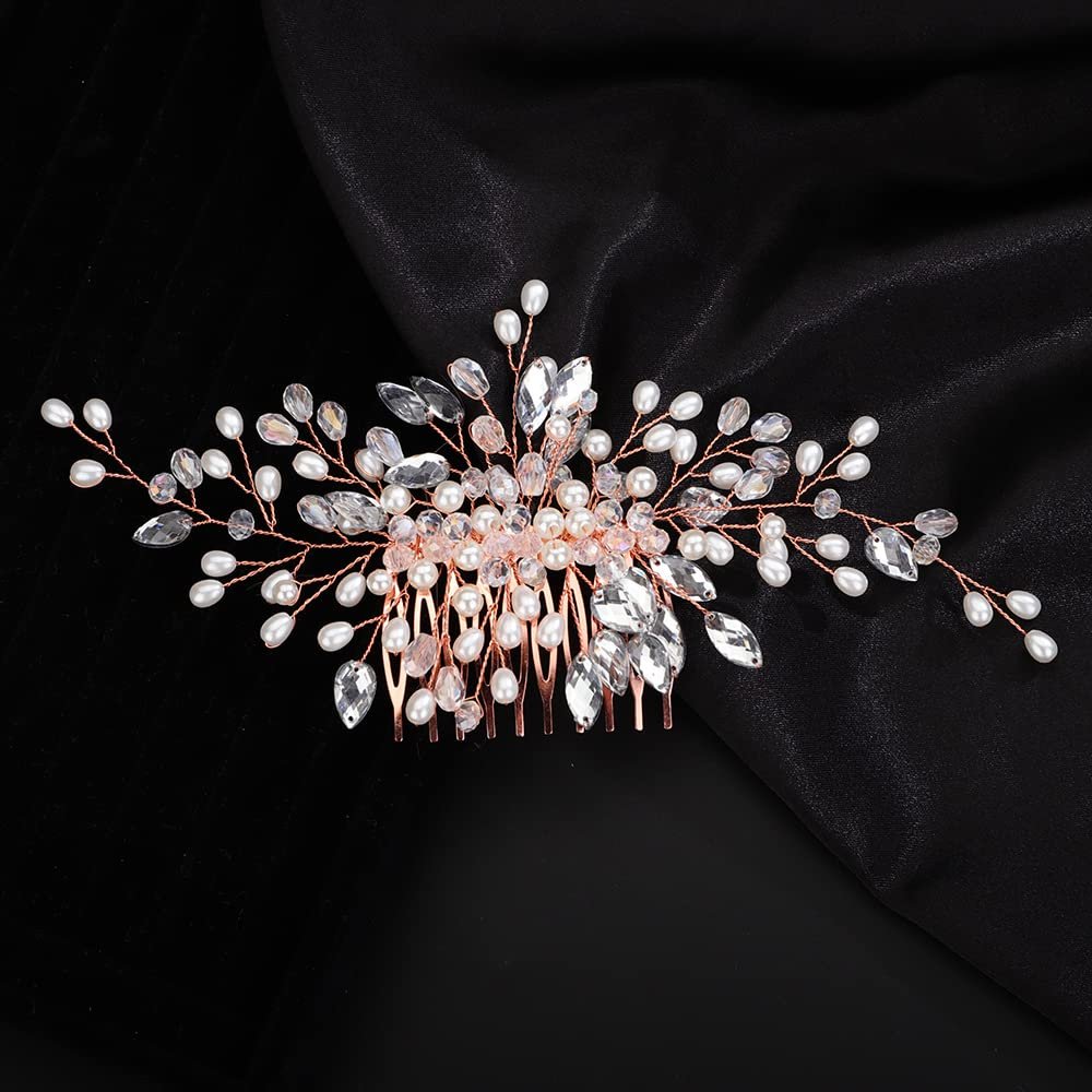 Teyglen Crystal Bridal Hair Comb Wedding Pearls Rhinestones Hair Pieces for Bride Bridal Gold Silver Side Hair Comb Rhinestone Headpieces Hair Accessories for Women Girls (Rose Gold)