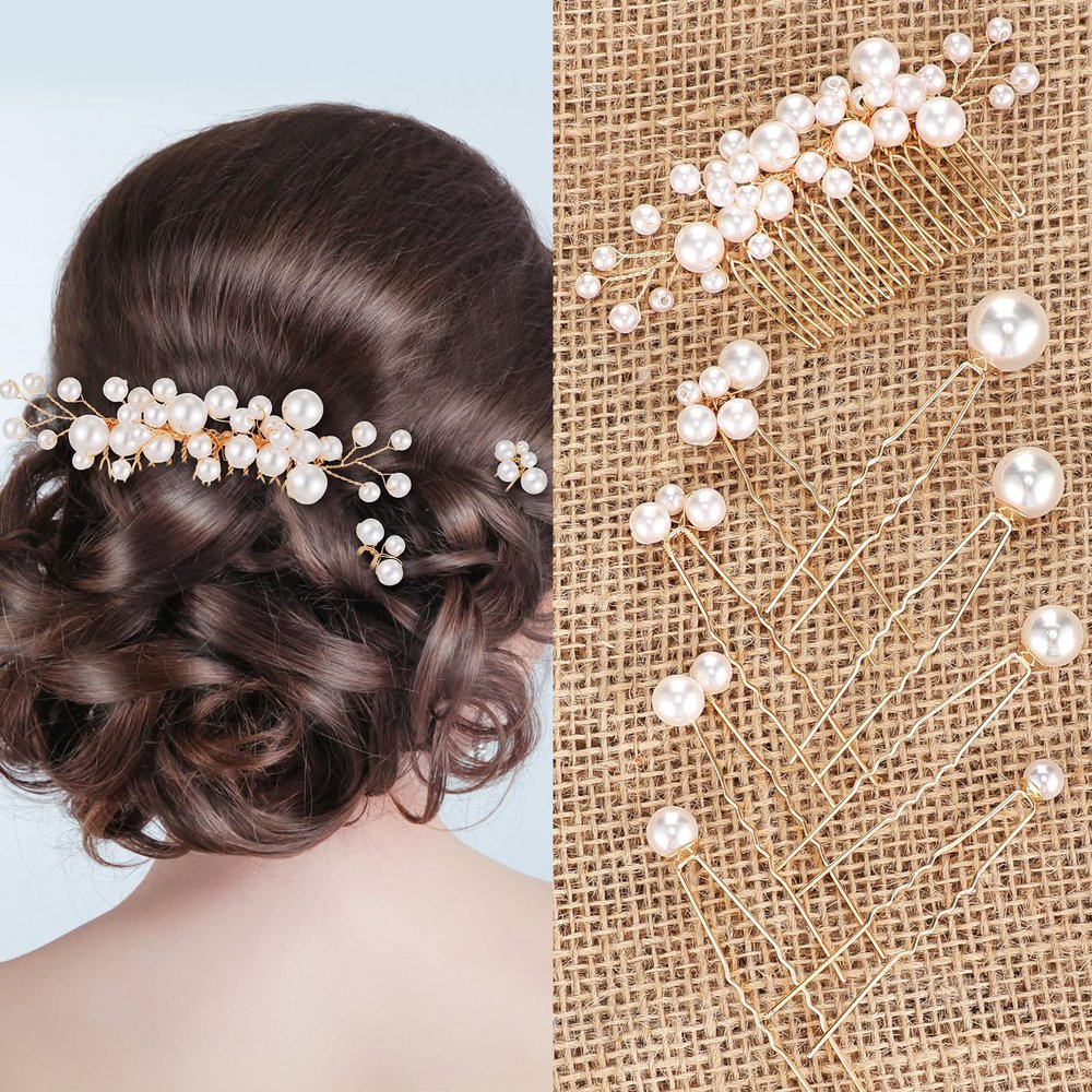Geosar 9 Pcs Wedding Hair Accessories Pearl Hair Pins Women Vintage Hairs Piece Bridal Accessories for Bride Bridesmaids(Gold,Elegant Style)