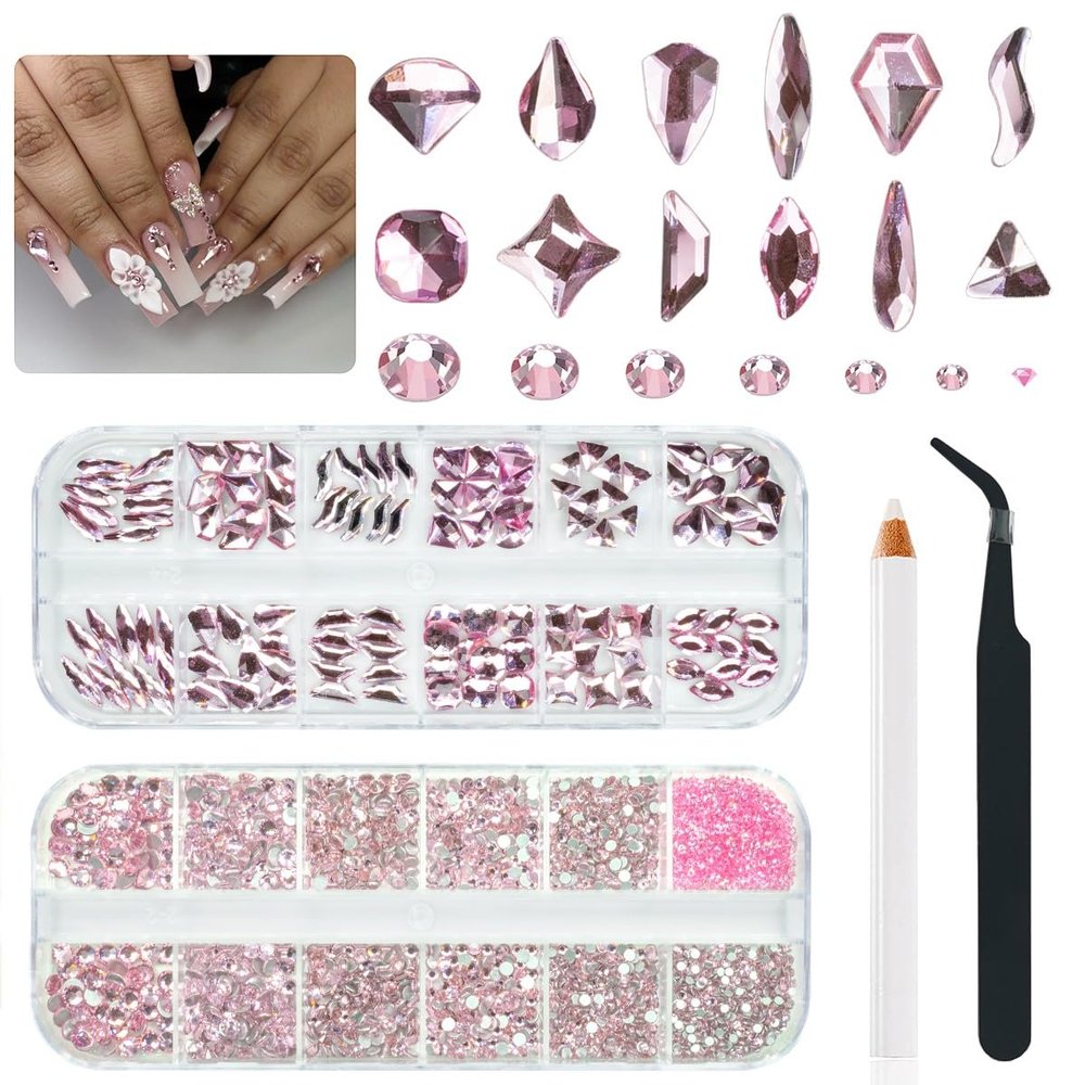 qiipii 3080Pcs Pink Rhinestones Nail Crystals 120 Multi Shapes Flatback Light Pink Gems Round Beads K9 Glass Stones Diamonds jewels Nail Art Supplies Nail Charms for Nails Faces Eyes Makeup Crafts DIY