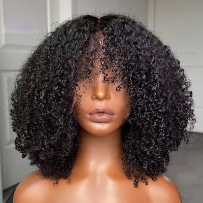 13x6 Lace Front Afro Kinky Curly HD Lace Front Wig Human Hair With Bangs For Women Brazilian Remy Hair Pre Plucked With Baby Hair 180% Density Glueless Natural Hairline Wig Bleached Knots 24Inch