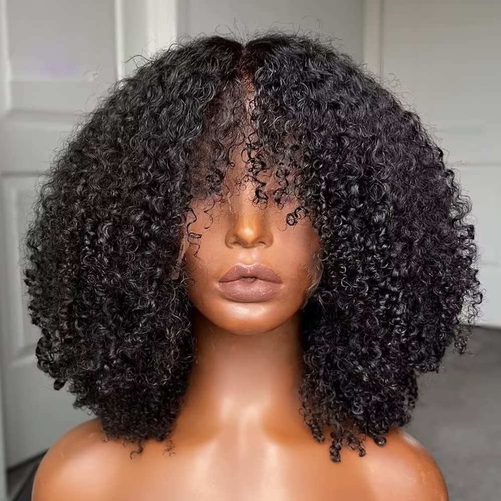 13x6 Lace Front Afro Kinky Curly HD Lace Front Wig Human Hair With Bangs For Women Brazilian Remy Hair Pre Plucked With Baby Hair 180% Density Glueless Natural Hairline Wig Bleached Knots 8Inch