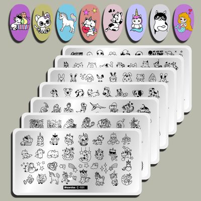Cat Puppy Unicorn Nail Stamping Plate Kit Set, 7pcs Star Heart Cute Animal Design Nail Stamper Plate Rabbit Dogs Mermaid Image Stamping Plates Alien Dinosaur Nail Art Stamp Templates Stencils Tools