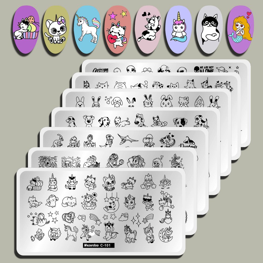 Cat Puppy Unicorn Nail Stamping Plate Kit Set, 7pcs Star Heart Cute Animal Design Nail Stamper Plate Rabbit Dogs Mermaid Image Stamping Plates Alien Dinosaur Nail Art Stamp Templates Stencils Tools