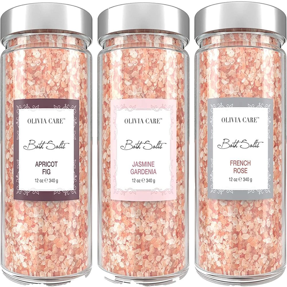 Olivia Care Pink Himalayan Bath Salts - Relieves & Relax Muscles. Exfoliate, Heal, Rejuvenate, Cleansing & Soothes Skin | Made with Natural Ingredients. Fresh Fragrance - 12 OZ (Mixed, 3 Pack)