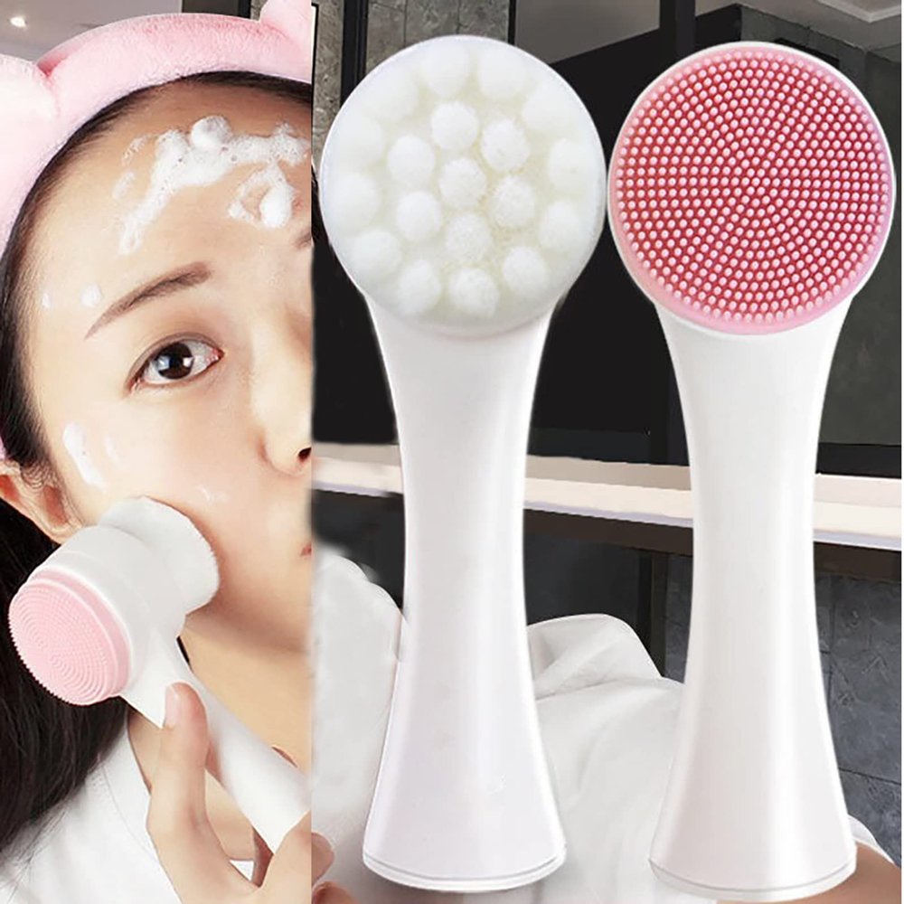 2 In 1 Silicone Face Brush for Women, Portable Manual Face Brush with Soft Bristles, Double-sided Ma-ssage Brush for Deep Clean Cosmetic Residue, Gift for Girl Friends (Pink)