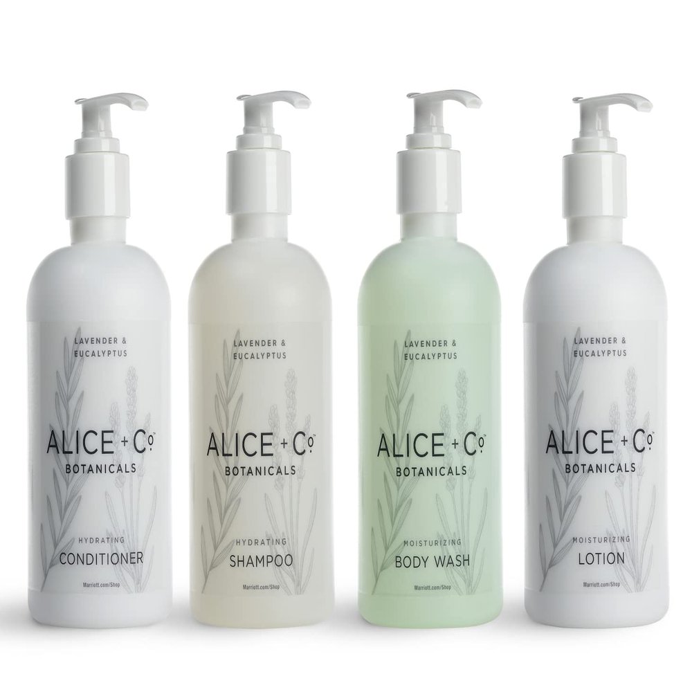 Alice + Co. Shampoo, Conditioner, Body Wash, Lotion | Lavender & Eucalyptus | Hotel Bath Amenities | Fairfield by Marriott | 8.5 oz Bottles | Hair & Body Care Set
