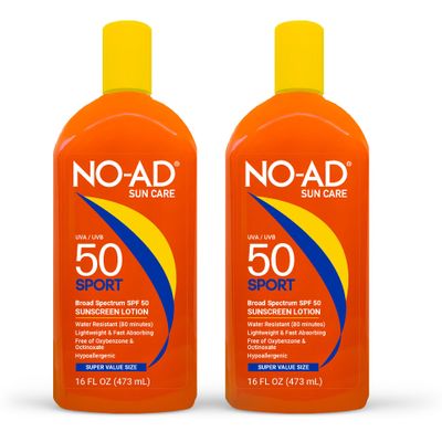 NO-AD SPF 50 SPORT Sunscreen Lotion | Hypoallergenic | Broad Spectrum UVA/UVB Protection | Water Resistant | Octinoxate & Oxybenzone Free with moisturizing Vitamin E and Aloe 16oz | Pack of 2