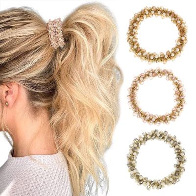 Brinie Pearl Rhinestone Pink Ponytail Holder Hair Ties and Scrunchies - Elastic Stretchy Hair Bands and Accessories for Women and Girls (Pack of 3)
