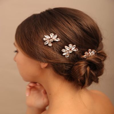 Teyglen Simple Rhinestones Crystal Bride Wedding Hair Comb Set Handmade Red Blue Black Crystal Side Hair Combs Bridal Hair Jewelry Set for Women Bride Girls (Rose Gold)