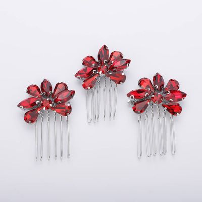 Teyglen Simple Rhinestones Crystal Bride Wedding Hair Comb Set Handmade Red Blue Black Crystal Side Hair Combs Bridal Hair Jewelry Set for Women Bride Girls (Red)