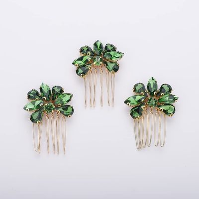 Teyglen Simple Rhinestones Crystal Bride Wedding Hair Comb Set Handmade Red Green Black Crystal Side Hair Combs Bridal Hair Jewelry Set for Women Bride Girls (Green)