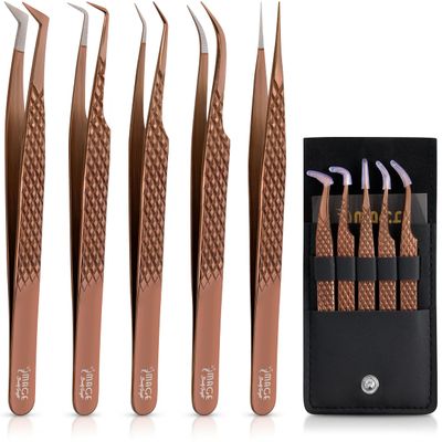5 Pcs Fiber-Tip Japanese Steel Lash Tweezer Set with Leather Case, Professional Eyelash Tweezers for Lash Extensions  Titanium Coated, 90 & 45 Angled, Precision Pointed Tweezers (METALIC-ROSE)